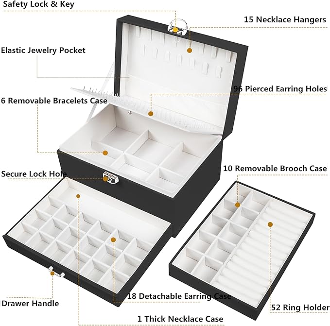 Earring Jewelry Box for Women Girls Stud Organizer, 5 Layers Black Jewelry Organizer Box With Lock Earring Holder Organizer Ring and Necklace Jewelry Box with Earrings Holder for Women Girls