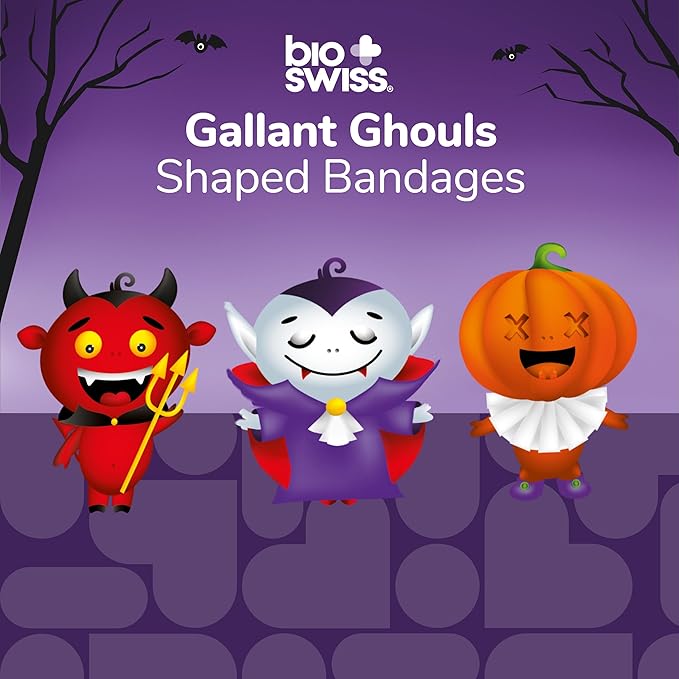 BioSwiss Bandages, Halloween Ghouls Shaped Self Adhesive Bandage, Latex Free Sterile Wound Care, Fun First Aid Kit Supplies for Kids and Adults, 50 Count