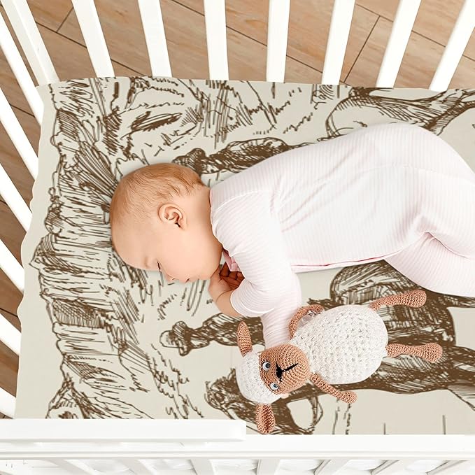 Western Desert Cowboy Crib Sheets for Boys and Girls, Fitted Baby Crib Sheets Soft and Breathable Mini Crib Sheets 39 X 27 Inches