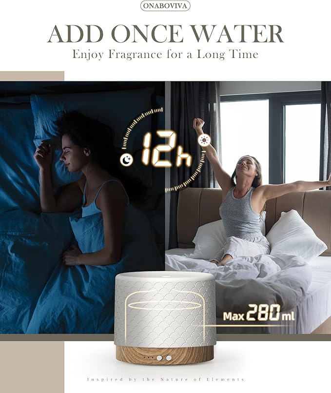 Essential Oil Diffuser, Aesthetic Ceramic Diffusers for Essential Oils,Ultrasonic 280ml Aroma Fragrance Diffuser with Cool Mist Humidifier Deffuser for Home,Office,Yoga,Bathroom,Modern Commercial