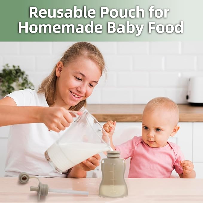 Reusable Baby Food Pouches with Straws, 4 Pack Refillable Silicone Squeezable Pouch for Kids Toddlers, BPA Free, Baby Food Storage Containers for Make Homemade, 5 oz