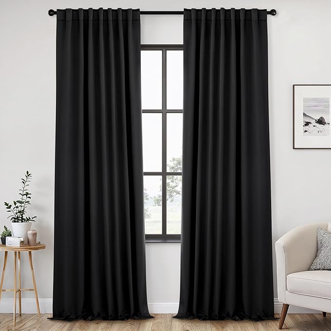 ANRODUO Back Tab Blackout Curtains for Bedroom Living Room, Rod Pocket Pinch Pleated Thermal Insulated Room Darkening Curtains 120 Inches Long 2 Panels, Black, 52 x 120 Inch