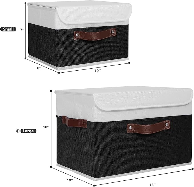 ANMINY 2PCS Storage Boxes with Lid Washable Decorative Storage Bins Basket with PU Leather Handle Foldable Linen Fabric Storage Cubes Containers for Home Closet Organizer - Black White, Large Size
