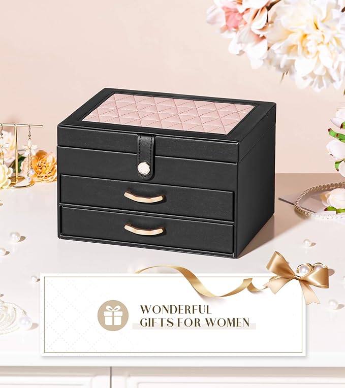 Black Jewelry Box Organizer: Home Decor for Women - 2-Drawer Holder for Valentine’s Day Birthday Christmas Black Pink