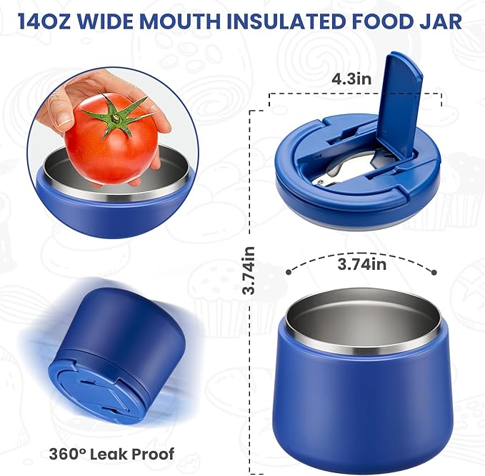 Soup Thermo for Hot Food Kids 14oz Lunch Containers with Buckle Lid Wide Mouth Hot Food Jar Vacuum Insulated Stainless Steel Bento Box Leakproof with Spoon (Light Blue)