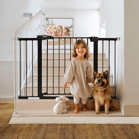 Babelio Metal Baby Gate, 29-48" Auto Close Easy Install Pet Gate, Extra Wide Walk Thru Child Safety Gate, Pressure Mounted Dog Gate for Doorways and Stairs, with Y Spindle Rods, Black