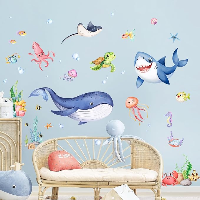 Supzone Under The Sea Wall Decals Ocean Whale Shark Turtle Seaweed Wall Stickers for Kids Toddlers Bedroom Living Room Baby Nursery Wall Decor