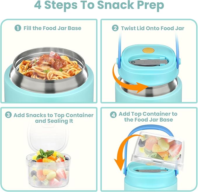 2-in-1 Insulated Food Jar & Snack Container - 15oz Kids Soup Thermos for Hot Food with Handle and Spoon, Leak Proof Reusable Toddler Snack Box, Perfect for School & Travel, Tiffany Blue