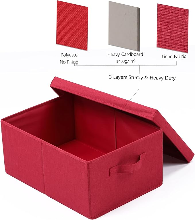 HOONEX Storage Bins with Lids for Organizing, Pack of 2, Storage Boxes with 2 Carrying Handles and Sturdy Heavy Cardboard, 16.5" L x 11.8" W x 7.5" H for Shoes, Books, Clothes, Red