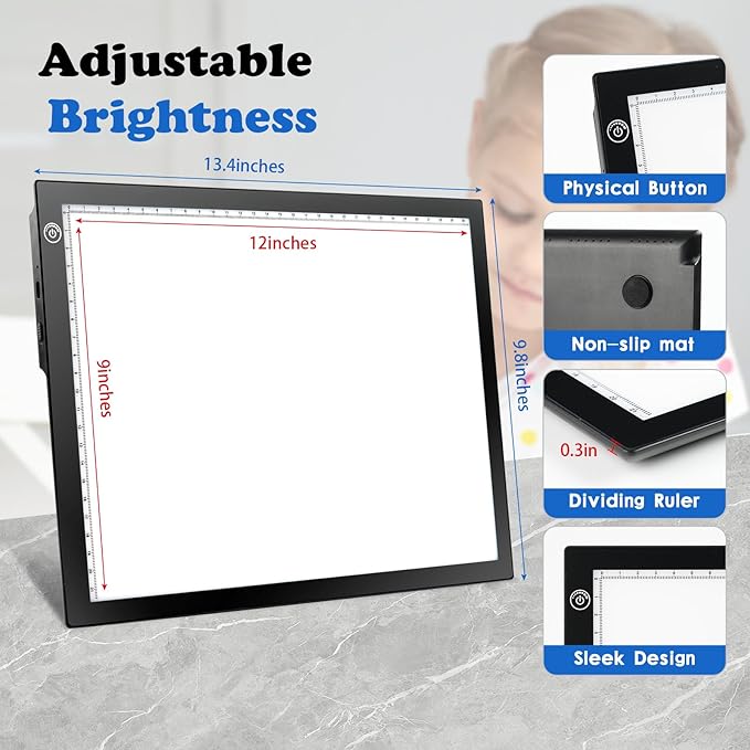 KIVOTAC A4 Rechargeable Light Pad, Portable LED Light up Box Ultra-Thin Dimmable Battery Powered Bright Copy Board for Weeding Vinyl, Sketching,Drawing,Tracing and Diamond Art