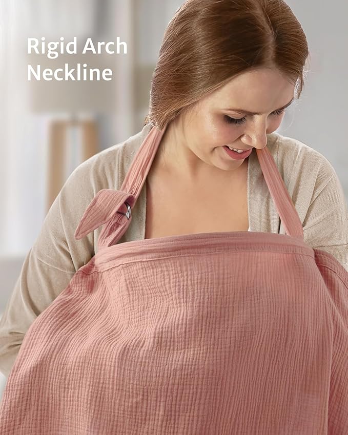Blissful Diary Muslin Nursing Cover for Breastfeeding, Breathable Breastfeeding Cover up with Arch Neckline for Women, Nursing Apron (Dusty Pink)