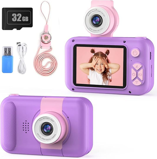 Kids Camera with 180° Flip-up Lens for Selfie & Video, HD Digital Video Cameras for Toddler with 32GB SD Card, Ideal for 3-8 Years Old Girls Boys on Birthday Christmas Party as Gift