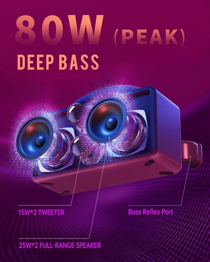 DINDIN Portable Bluetooth Speaker: 80W (Peak), 20H Playtime, Loud Wireless Wood Speakers with Bass, AUX and USB Input, Subwoofer, TWS Pairing, Vintage Speaker for Outdoor, Home, Office (Black)