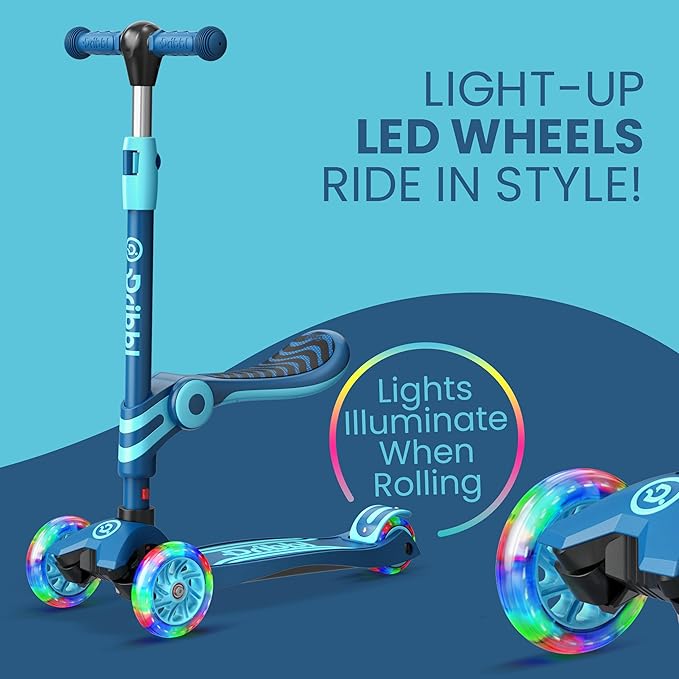 Blue 3 Wheel Scooter with Seat for Kids – Light-Up LED Wheels, Adjustable Handlebar and Seat, Smooth PU Wheels, Wide Anti-Slip Deck, Rear Foot Brake – Toddler Outdoor Toys for Ages 2+