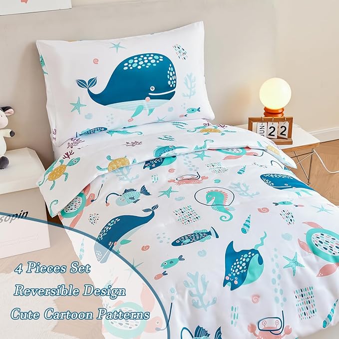 PERFEMET 4 Pcs Toddler Bedding Set Ocean Themed Toddler Comforter for Girl Soft Reversible Under Sea Animals White Toddler Bed in A Bag for Boys Girls(White, Whales)