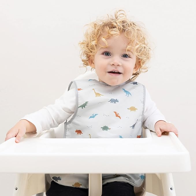Tiny Twinkle Mess Proof Baby Bib - Waterproof & Lightweight Baby-Led Weaning Apron | 100% Recycled Polyester, Easy Clean & Machine Washable (Dinosaur,Large 2-4 Years)