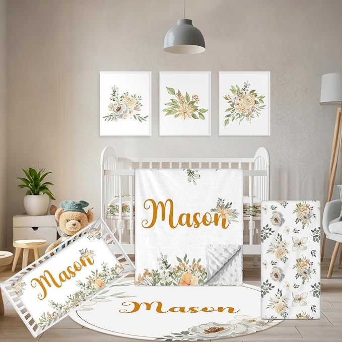 Custom Baby Crib Set - 5 Pcs Personalized Name Flowers Crib Bedding Set for Infants Toddlers - Soft Double Layer Nursery Bedding Set for Girls Boys - Customized Gifts for Baby Shower Birthday