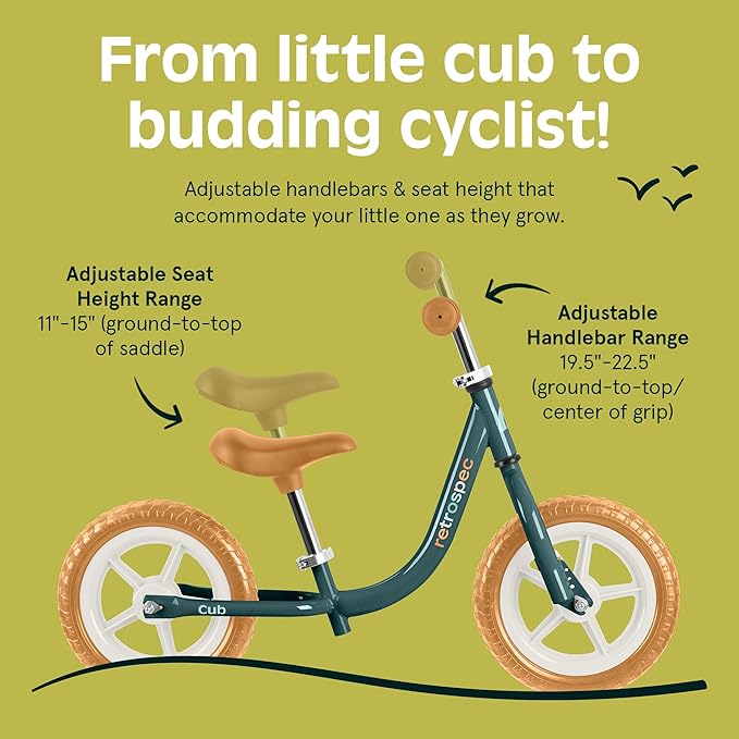 Retrospec Cub Toddler 12" Balance Bike, 18 Months - 3 Years Old, No Pedal Beginner Kids Bicycle for Girls & Boys, Flat-Free Tires, Adjustable Seat, & Durable Frame