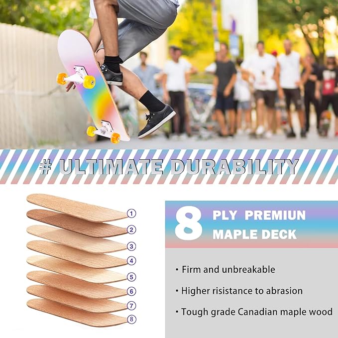 Skateboard,31 x 8 Inch Complete Skateboard, 8-Layer Maple Wood Deck Double Kick Standard Skateboards for Kids, Teens, Adult, Beginner