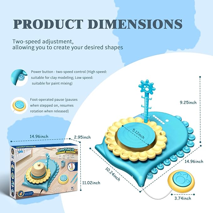 HTUONIAO Dinosaur Pottery Wheel Kit for Kids Ages 6-12 with 3 Air Dry Clays & Tools - Complete Arts and Crafts Studio for Beginners, Creative Gift for Boys and Girls