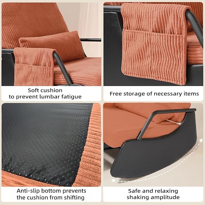 Rocking Chair for Nursery, Modern Upholstered Plush Seating Glider Recliner Chair with High Backrest and Side Pocket, Accent Armchair with Cushions for Living Room/Reading (Burnt Orange)