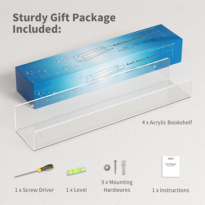 NIUBEE 16.5-Inch Acrylic Floating Bookshelves, 4-Pack, Clear Modern Wall Shelves for Child/Toddler， Invisible Ledge Book Shelves for Multi-Layer or Multi-Room Storage in Kids’ Rooms and Family Spaces