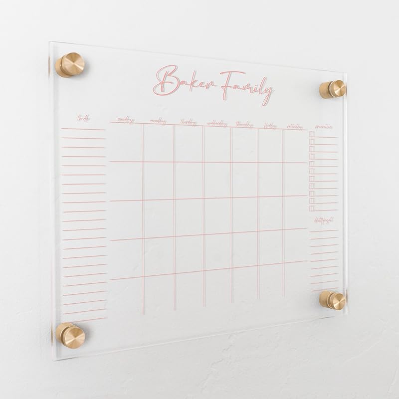 Personalized Clear Acrylic Calendar for Wall, Calendar Whiteboard for Wall, Dry Erase Wall Calendar, Wall Calendar Organizer System for Home (Cursive, Blush, 14"W x 11"H)