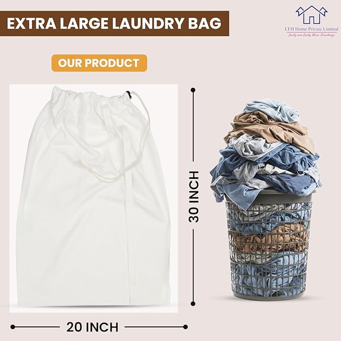 LFH Home Cotton Canvas Large Laundry Bag with Handle, Heavy Duty Drawstring Closure Washable Laundry Bags School Travel, Home, Hotel, College Dorm, Organizer Sack, Toys Clothes 20x30-White