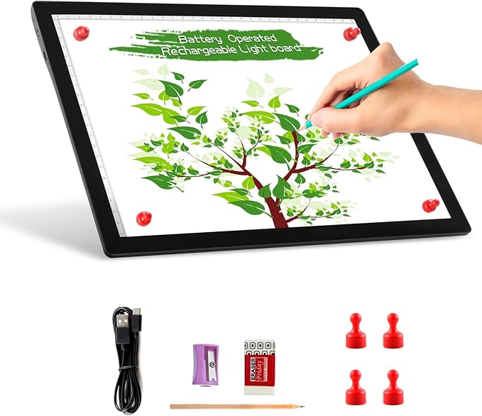 A4 Wireless Battery Powered Light Pad, TOHETO Tracing Light Box Dimmable Brightness Rechargeable LED Light Board Portable Cordless Copy Board for Artist Drawing Sketching X-ray Viewing