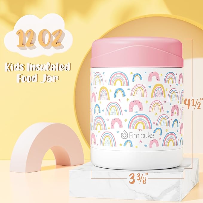 Fimibuke Insulated Kids Food Jar, 12 OZ BPA FREE Wide Mouth Stainless Steel Vacuum Thermos for Hot Cold Food for School Travel Leakproof Toddler Boy Girl Lunch Container Snack Cup for Fruits Veg Soup