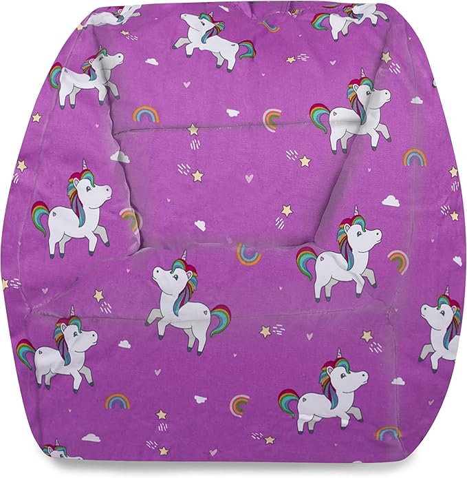 Posh Creations Structured Comfy Bean Bag Chair for Gaming, Reading, and Watching TV, Coronado Chair, Canvas - Unicorn and Rainbows on Purple