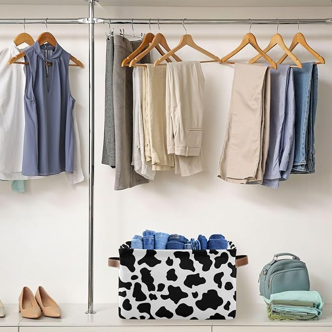 Black White Cow Skin Print Storage Basket Cube Storage Bins Organizer Bag Collapsible Closet Shelf Baskets with handle for Baby Cloth Pet Toy Book 14.2×10.2×8.3 IN