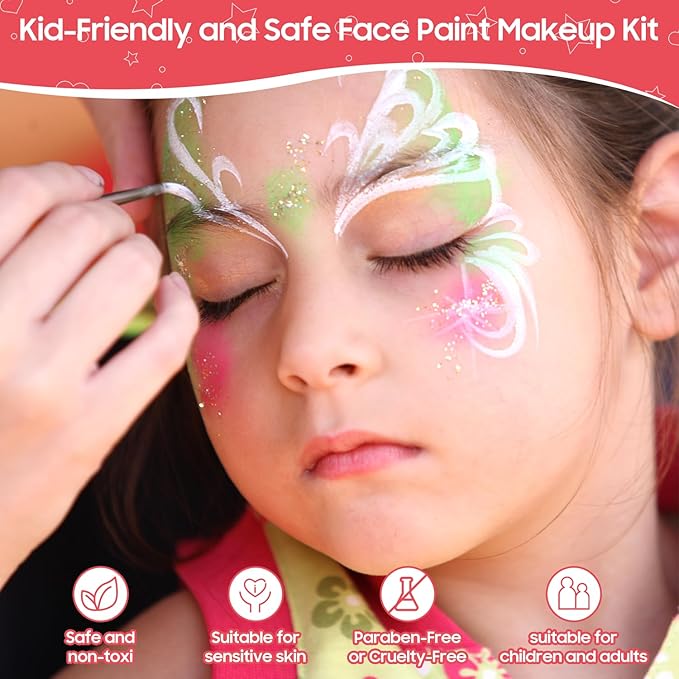 Pintada 42 Color Face Painting Kit for Kids - Non Toxic Water Activated Face Paint Palette With Stencils, Brush, Gems. For Carnival, Halloween, Costume Makeup and Any Creative Activity with Kids