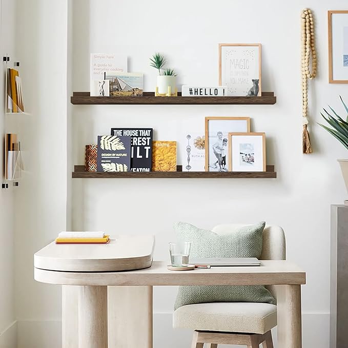 Forbena Rustic Wood Wall Shelves for Living Room Set of 4, 36 Inch Long Floating Shelves with Lip, Large Farmhouse Wooden Picture Ledge Shelf for Bedroom Office Hallway Photo Frames (Dark Brown)