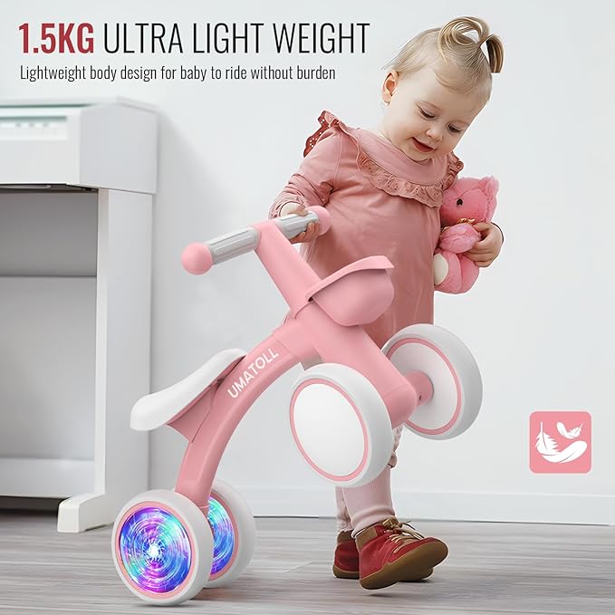 Umatoll Colorful Lighting Baby Balance Bike Toys for 1 Year Old Girls Gifts, Adjustable Seat, 1st Birthday Gifts, 12-24 Months Toddler Bike, Pink