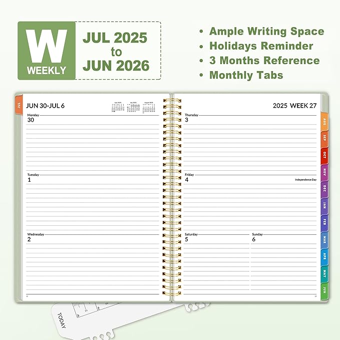 SUNEE Academic Planner 2025-2026 Weekly and Monthly, July 2025-June 2026, 8.5"x11", Tabs, Note Pages, Pockets, Bookmark, Flexible Cover, Spiral Binding, Sage Green