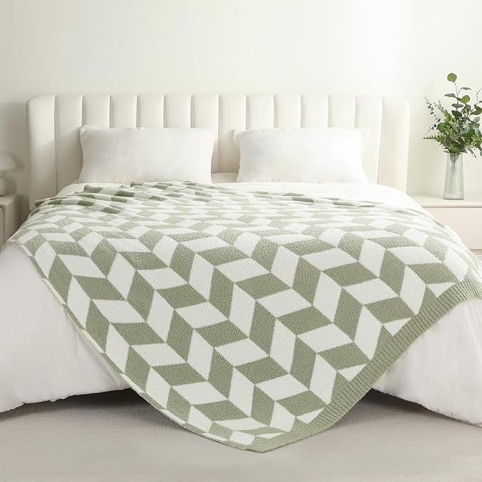 Snuggle Sac Sage Green Bedding Blankets Twin Size, Super Soft Warm Blankets Oversized Cozy Knit Fuzzy Blanket for Living Room, Chevron Green,60x80 inches