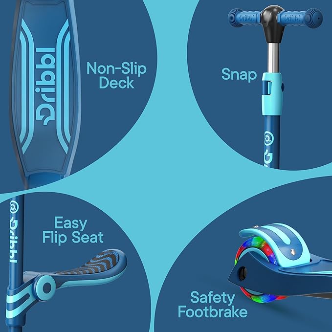 Blue 3 Wheel Scooter with Seat for Kids – Light-Up LED Wheels, Adjustable Handlebar and Seat, Smooth PU Wheels, Wide Anti-Slip Deck, Rear Foot Brake – Toddler Outdoor Toys for Ages 2+