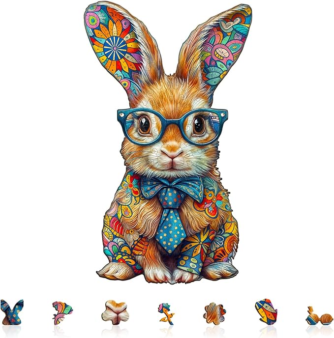 Wooden Puzzles for Adults - 125 Pieces Colorful Bunny Wooden Puzzle - Unique Animal Shape Wood Cut Puzzles - Eco-Friendly Home Office Decor (11.4 * 6.8in)