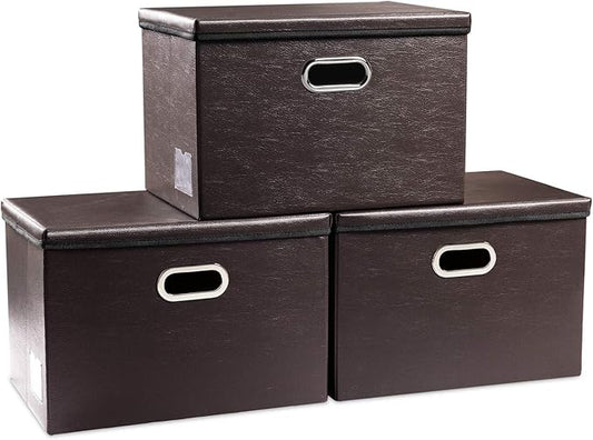 PRANDOM Collapsible Storage Bins with Lids [3-Pack] Leather Fabric Foldable Storage Boxes Organizer Containers Baskets Cube with Cover for Bedroom Closet Office Nursery Brown (14.9x10.8x10)