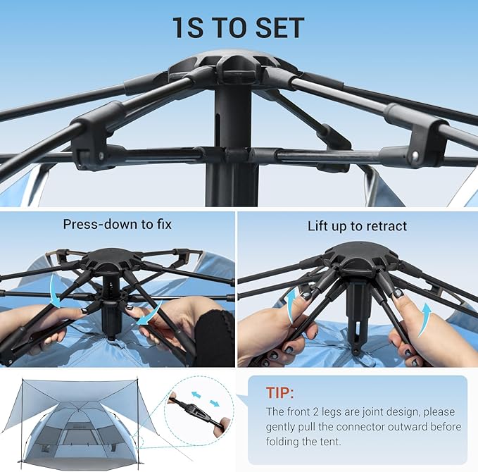 Elegear Beach Tent with Canopy, 1-Second Setup Pop Up Sun Shelter Shade, UPF 50+ UV Protection Silver-Coated Lightweight Portable Beach Cabana