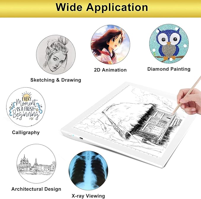 A4 Wireless Battery Powered Light Pad with Bag, TOHETO Tracing Light Box Dimmable Brightness Rechargeable LED Light Board Portable Cordless Copy Board for Drawing Sketching X-ray Viewing (White)