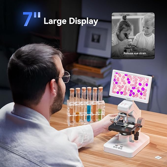 TOMLOV DM301 Max Microscope for Kids Students Adults with X-Y Stage, Digital Microscope Camera with 7" Screen, USB & HDMI Output, Wireless Biological Lab Scope for School Home Education with Slides