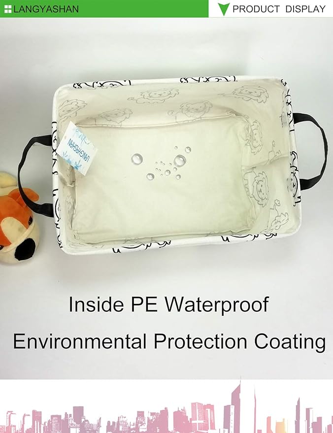 LANGYASHAN Rectangular Storage Bin Collapse Canvas Fabric Cartoon Storage Basket with Handles for Organizing Home Kitchen Boys and Girls Toys Office Closet Shelf Baskets (Rec lion)