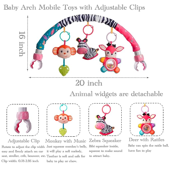 Baby Stroller Arch Toys, Crib Mobile for Infants Adjustable Bassinet Mobile with Universal Clamps, Activity Toy Bar for Bouncer Newborn Car Seat Stroller Sense Toy for Baby 0-12 Months