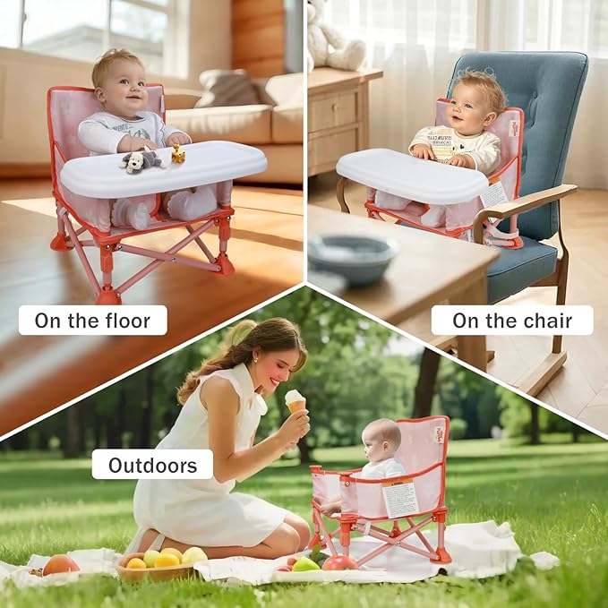 Tiny Marvels Portable 3-in-1 Baby Booster Seat, Cozy Floor Seat, Feeding Seat with Tray, Compact Foldable Toddler Booster with Child Safety Belt Carry Bag, Perfect for Travel (Blush Petals)