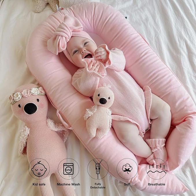 Deluxe Infant Lounger, Baby Nest Cover for Baby Girls & Boys, Newborn Essentials for Baby 0-12 Months, 100% Cotton (DustyRose)