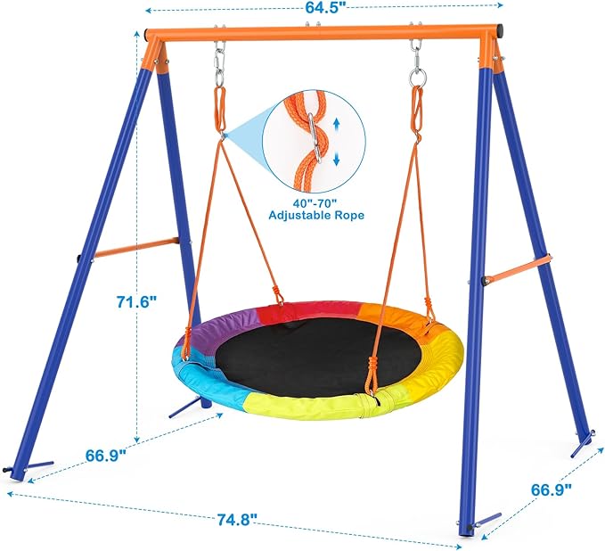 GIKPAL Saucer Swing with Stand for Kids Outdoor, 440lbs Swing Set with Heavy-Duty Metal Frame and Adjustable Ropes, Safe Waterproof Round Playset for Backyard Playground Park, Rainbow Color
