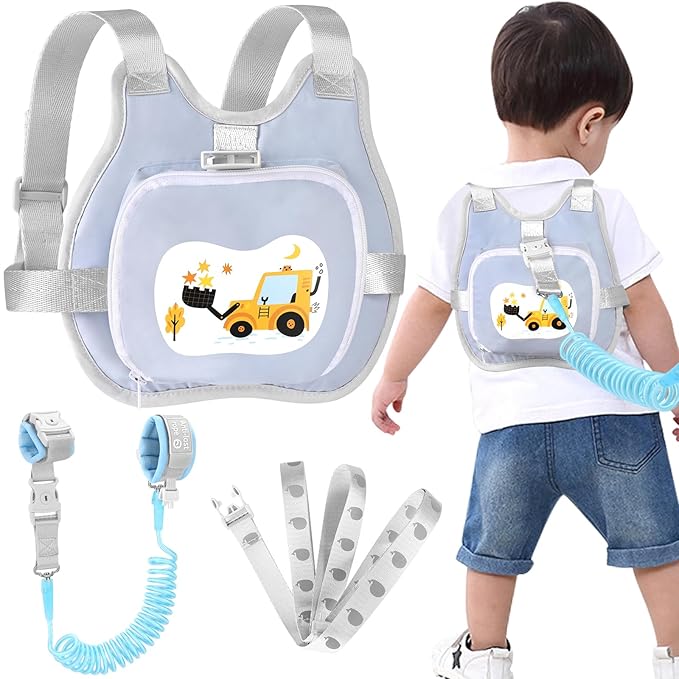 Accmor Toddler Harness Leash, Collapsible Kids Leash + Anti Lost Wrist Link for Outdoor Travel, Cute Excavator Child Walking Harness Tether Wristband Assistant Strap Belt Protector for Baby Boys