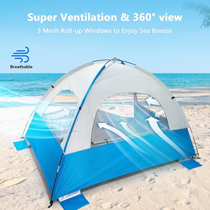 NXONE Beach Tent Sun Shade Shelter for 3/4/6 Person Person with UV Protection, Extended Floor, 3 Mesh Roll Up Windows & 8.0/8.5mm Fiberglass Rods丨Carry Bag Included
